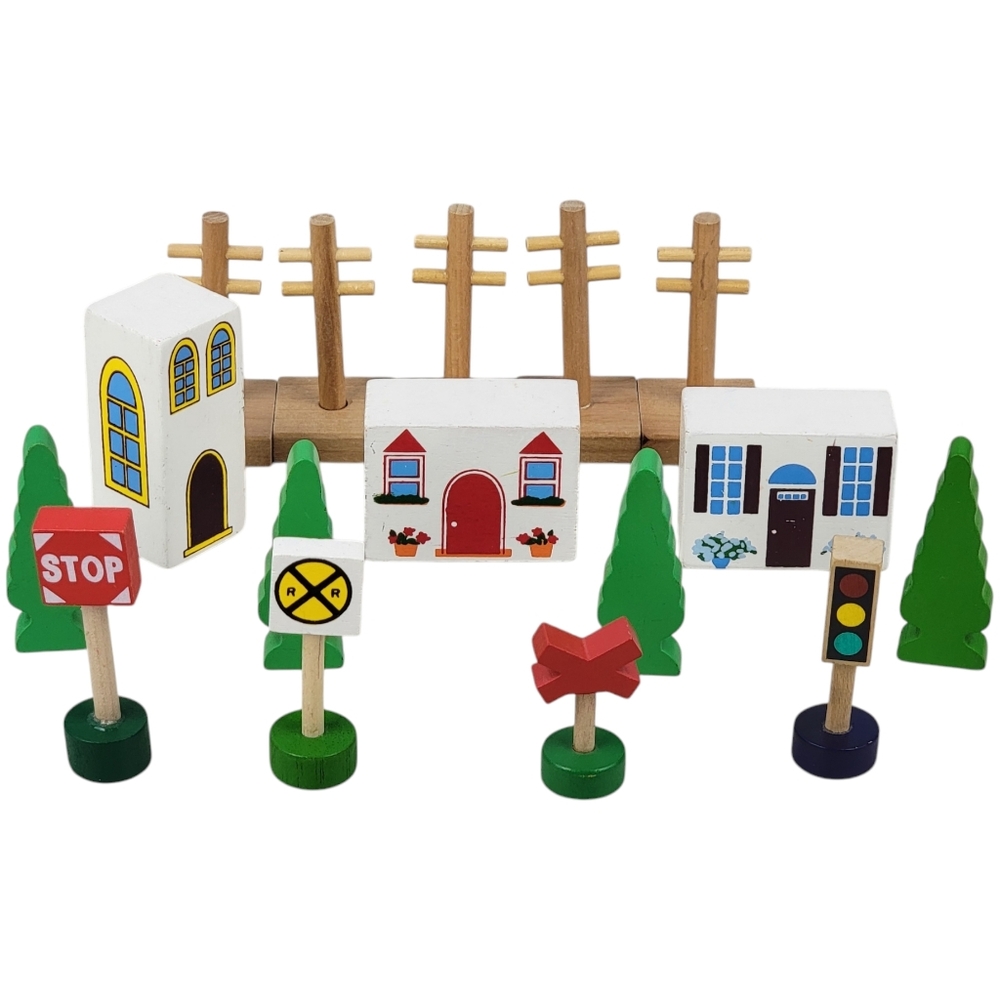 Wooden Railroad Accessories Mixed Lot Signs, Trees & More